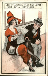 Leering Man Gazes at Pretty Ankle of Woman Seated Nearby Comic, Funny Postcard Postcard