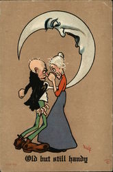 Old Man And Woman Argue Beneath A Quarter Moon Couples Postcard Postcard