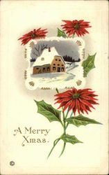 A Merry Christmas with Snow Scene and Poinsettias Postcard