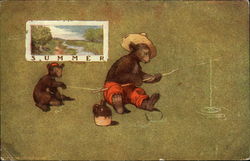 Two Bears, One With Fishing Pole, Enjoy Summer Postcard