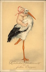 Baby in Pink Bonnet Riding Stork Babies Postcard Postcard