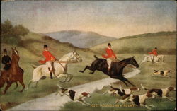 Fox Hunting Scene With Horses, Riders, And Dogs Postcard Postcard