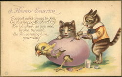 Cat Painting Easter Egg While Chick is Hatching With Chicks Postcard Postcard