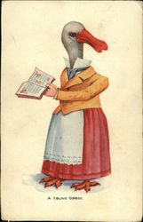 Goose Dressed As Lady Reading A Book Postcard