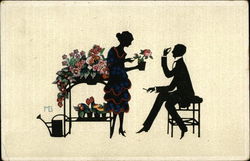 Silhouettes of Man and Woman with Flowers Postcard