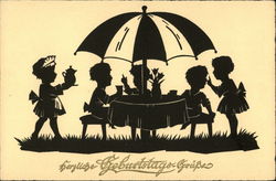 Children Gathering Under Umbrella For Picnic Postcard