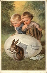 Happy Easter with Young Children watching Bunny Hatch from an Egg With Children Postcard Postcard