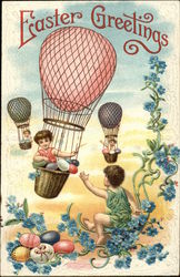 Easter Greetings - Children in Hot-Air Balloons and Eggs With Children Postcard Postcard