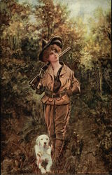 Woman Hunter in Woods with White Dog Hunting Postcard Postcard