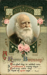 A Happy Birthday with Old Gentleman and Pink Roses Authors & Writers Postcard Postcard