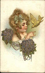 Little Girl With Blue Flowers and Golden Bird Children Postcard Postcard