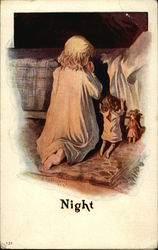 Night - Little Girl Kneels by Bed with Two Dolls and Says Her Prayers Postcard