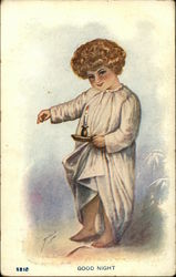 Good Night - Little Girl in White Dressing Gown Holding a Candle Postcard