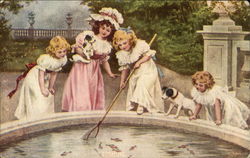 Children Netting Fish in Pond Postcard