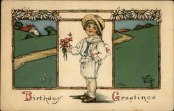 Birthday Greetings with Young Boy holding Bouquet Postcard