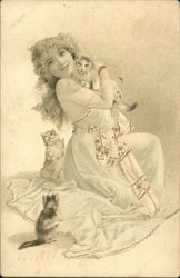 Woman In White Dress With Three Cats Women Postcard Postcard