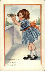 Looking for a Nice Young Man - Young Girl with Binoculars Postcard