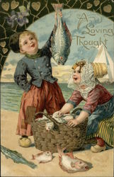 Two Children On Beach With Basket of Fish Postcard Postcard