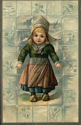 Girl in Dress and Wooden Shoes Standing in Front of Blue Tile Postcard