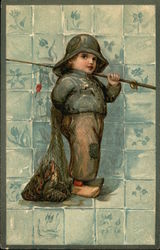 Dutch Boy With Net of Fish and Fishing Pole Postcard