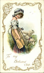 Girl in Field Tending Sheep Postcard