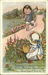 Little Boy With Bouquet Runs To Little Girl Watering Plants Birthday Postcard Postcard