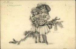 A Merry Christmas with Young Girls carrying Flowers and Pine Boughs Postcard