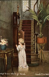 Young Girl Peeking in Grandfather Clock Postcard