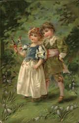 Girl and Boy In Field of Lily of the Valley Postcard