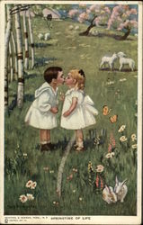 Two Children Kissing in Field Postcard