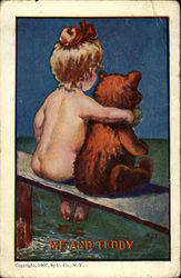 Naked Girl and Teddy Sitting on Bench in Water Children Postcard Postcard