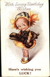 Little Girl Holding Kitty and Boot Birthday Postcard Postcard