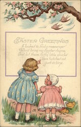 Easter Greetings with Young Girls, Pink Flowers and Chicks With Children Postcard Postcard