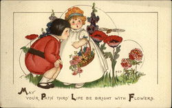 Children Watch A Bee Among The Many Flowers Artist Signed Postcard Postcard