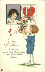 Little Girl At Window Receives Roses From Little Boy Children Postcard Postcard