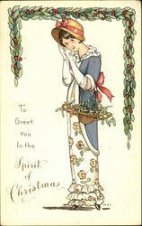 Young Woman Collecting Mistletoe Christmas Postcard Postcard