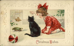 Christmas Wishes - Girl and Cat Playing Postcard