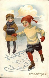 Happy New Year Greetings with Children Skating Postcard