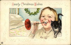 Hearty Christmas Wishes - Little Girl Playing Horn; and Kitten Postcard