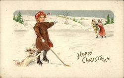 People Ice Skating on Frozen Lake Christmas Postcard Postcard