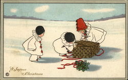 Three Children Unwrap a Basket on a Snowy Field Postcard Postcard