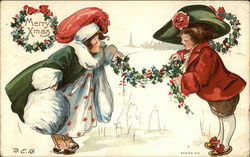 Two well dressed kids sharing holly Postcard