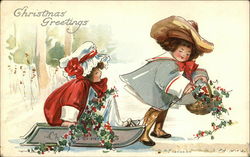 Christmas Greetings with Boy & Girl pulling Sled in the Snow Children Postcard Postcard