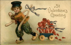 St. Valentine's Greeting - Little Dutch Boy Pulling Cart Full of Hearts Postcard