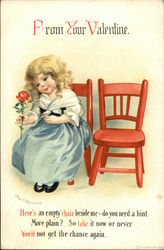 Little Girl Holding Rose Sits Beside An Empty Chair Postcard