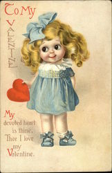 Girl in Blue Dress Holding Red Heart Postcard