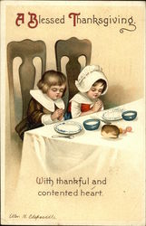 Two Children Praying At Dinner Table Postcard