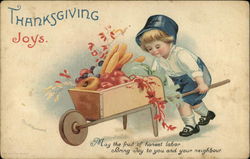 Thanksgiving Joys with Pilgrim Boy and Vegetable Cart Children Postcard Postcard