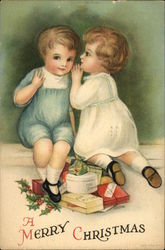 A Merry Christmas with Young Boy and Young Girl Whispering over Gifts Postcard