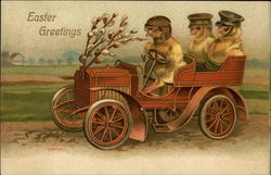 Easter Greetings with Three Chicks in an Automobile Postcard